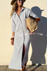 All-match Striped Button Up Half Sleeve Belted Pocket Shirt Midi Dress