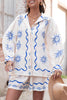Symbol of Sicily Linen Blend Unique Print Balloon Sleeve Button Loose Shirt