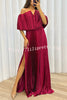 Shelley Pleated Off Shoulder Elastic Waist Slit Maxi Dress