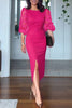 Solid Color Polka Dot Lantern Sleeve Slim High Waist Midi Dress