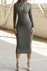Solid Color Casual Long Sleeve High Neck Slim Midi Dress