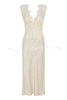 Wonderful Fusion Satin Lace Trim Poka Dot V-neck Drape Maxi Dress