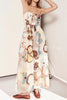Brinley Linen Blend Floral Print Lace-up Elastic Waist Pocketed Strapless Maxi Dress