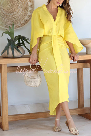 Chantelle Linen Blend Kimono Sleeves Drape High Low Maxi Dress