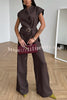 Modern City Double Breasted Belted Wide Short Sleeve Suit and Elastic Waist Loose Pants Set