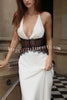 Seductive Details Satin Lace Waist Halter Tie-up Backless Maxi Dress