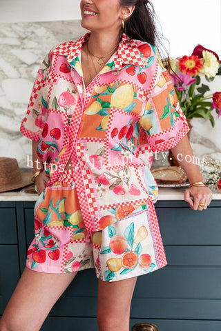 Colorful Fruits Linen Blend Unique Print Loose Shirt and Elastic Waist Pocketed Shorts Set
