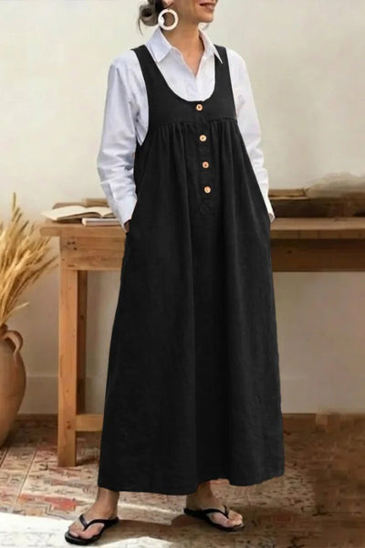 Solid Color Loose Sleeveless Button Pocket Casual Maxi Dress