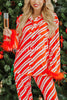 Christmas Party Striped Print Pocket Feather Elastic Waist Pajama Set