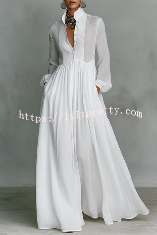 Solid Color Stand Collar Long Sleeve Casual Pocket Maxi Dress