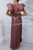 Merry and Bright Satin Deep V-neck Dramatic Ruffled Sleeve Pleated Maxi Dress