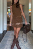 Autumn Atmosphere Faux Suede High Neck Zipper Tank and Button-Front Pocket Mini Skirt