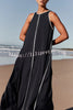Palos Satin Navy with White Contrast Piping Pocketed A-line Maxi Dress