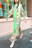 Southern Italy Satin Unique Print Bell Sleeve Loose Slit Midi Dress
