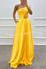 Nasha Satin Pleated One Shoulder Petal Gemstone Detail Pocket Slit Maxi Dress