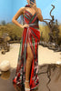In A Dreamland Chiffon Floral Print Off Shoulder Pleated Scarf Slit Maxi Dress