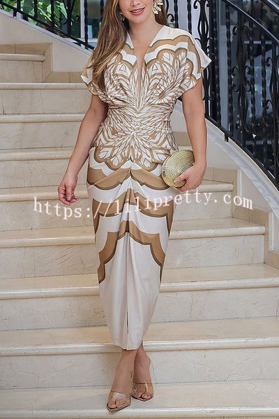 Feona Satin Unique Print V-neck Wide Sleeve Ruched Waist Slit Midi Dress