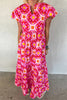 Strawberry Pink Abstract Print Pleated Flounce Sleeve Maxi Dress