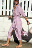All-match Striped Button Up Half Sleeve Belted Pocket Shirt Midi Dress