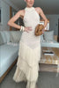 Miami Night Knit Hollow Out Layered Tassle Hem Stretch Maxi Dress