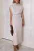 Solid Color Sleeveless Knitted Elegant Waist Midi Dress