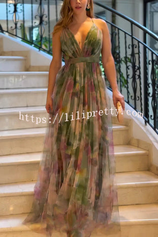 Kerrie Tulle Render Floral Print Cross Back Straps Maxi Dress