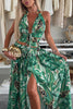 Amazon Scenery Unique Print Tie-up Cutout Waist Ring Halter Slit Maxi Dress