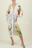 Coastal Seashell Satin Unique Print Drape Gathered Kimono Midi Dress