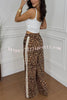 Sporty Fashion Leopard Stripe Print Elastic Waist Pocketed Wide Leg Pants