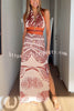Vacay Bound Linen Blend Unique Botanical Print Halter Maxi Dress