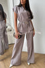 Modern City Double Breasted Belted Wide Short Sleeve Suit and Elastic Waist Loose Pants Set