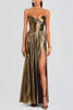 Goddess Temperament Metallic Pleated Fabric Off Shoulder Slit Maxi Dress