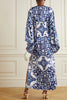 Blue and White Porcelain Print Loose Slit Maxi Dress