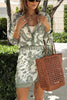 Blend Into Leaves Linen Blend Unique Print Long Sleeve Blouse and Wrap Tie-up Mini Skirt Set