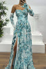 Reina Chiffon Floral Print Pleated Bodice Split Sleeve Strapless Slit Maxi Dress