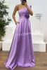 Nasha Satin Pleated One Shoulder Petal Gemstone Detail Pocket Slit Maxi Dress