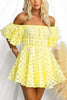 Barbie Night Square Patterned Fabric Puff Sleeve Mini Dress