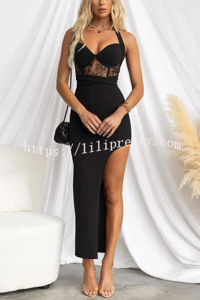 Yarley Lace Patchwork Adjustable Tie Halter Slit Slim Maxi Dress