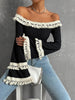 Stylish Flared Sleeves Lace-Up Tasseled Off-The-Shoulder T-Shirts Tops