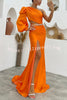 Tammy One Shoulder Sleeve Cutout Metal Chain Waist Maxi Dress