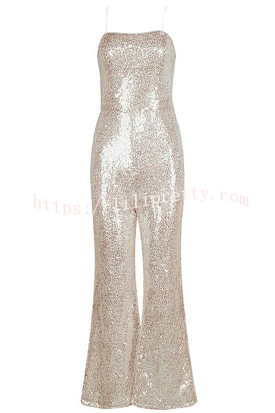 Barbie Sequin Sleeveless Flared Leg Jumpsuit