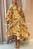 Holiday Glow Kaleidoscope Floral Balloon Sleeve Umbrella Pleated Midi Dress