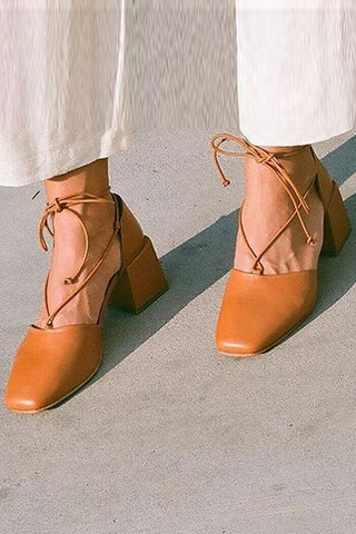 Square Toe Lace Up Thick Heel Pumps