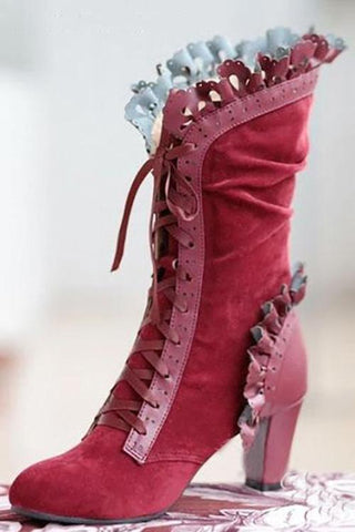 Ruffles Lace Up High Heels Mid-Calf Boots