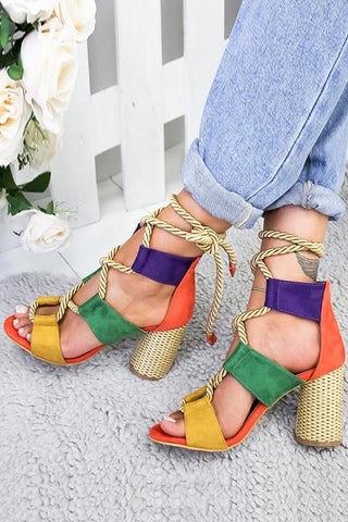 Lace Up Color Block High Heel Sandals