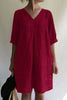 Solid V Neck Linen Tunic Dress