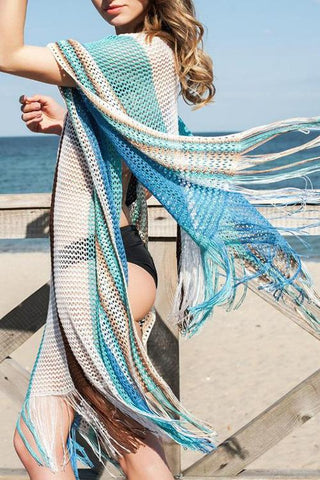 Color Block Tassels V Neck Cover Up