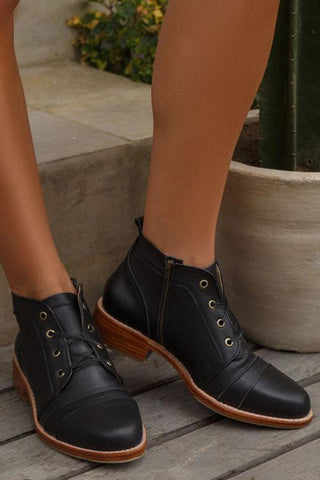 Side Zipper Lace Up Low Boots