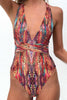 Print Lace Up One Piece Swimwear