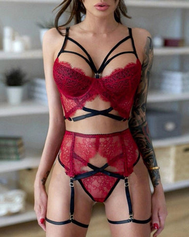 Eyelash Lace Bandage Garter Lingerie Set